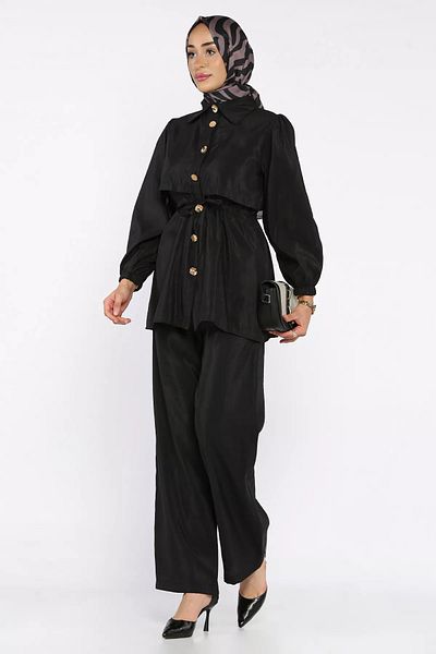julude Black Women's Gold Buttoned Waist Tie Detailed Tunic Trousers Hijab Double Suit (S-M-L Size Compatible)