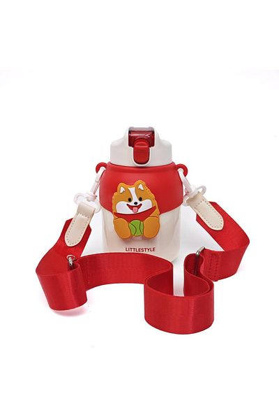 B4U Stainless steel kindergarten thermos with straw, with string, red, 550 ml Bingo-V7