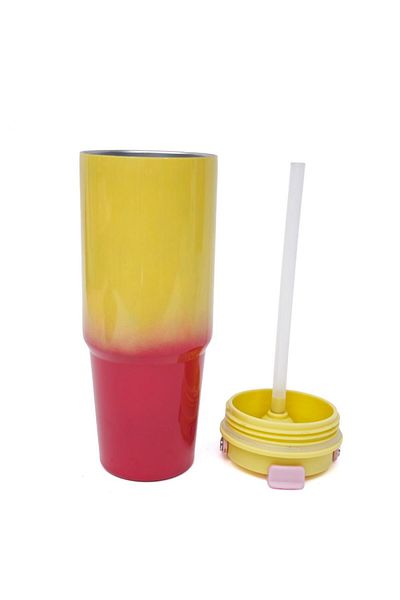 B4U Stainless steel thermos mug for children, pop-up flip-top with straw, with handle, yellow-red, 887 ml zQ-57