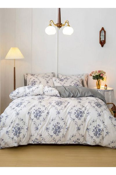 LUNA HOME 6 Piece Queen Size Bedding Set without filler Bohemian with Blue Flowers Design 200x230cm.