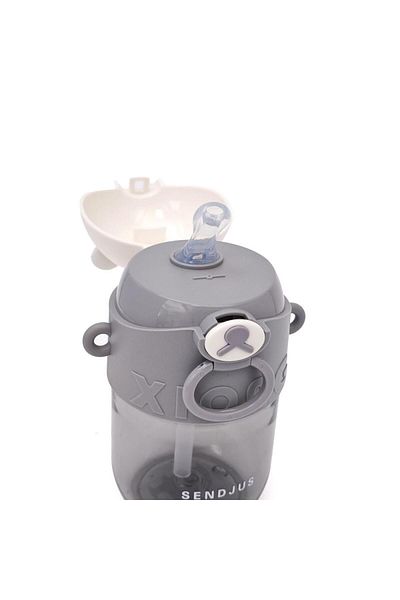 B4U Kindergarten children's water bottle, pop-up flip-top with straw, with drawstring, gray, 600 ml SD-512