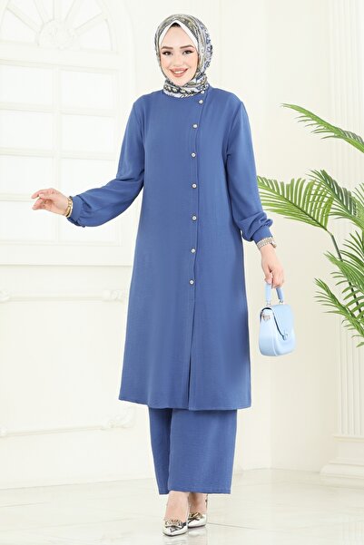 ModaMerve Önden Düğmeli Aerobin Takım PL9149-MS İndigo