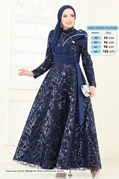 ModaMerve Sual Stone Detail Evening Dress 5099D170-Ms Navy