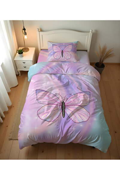 Evmila Kelebek Desenli Çarşafsız 2'li Takım Baskılı Tek Kişilik Nevresim Takı...