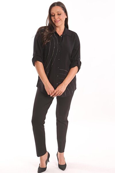 Metpoint Trend42Plus Large Size Stone Print Detailed Woven Black Shirt