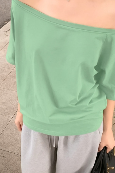 Tarz Cool Water Green Women's Off Shoulder Boat Neck Oversize T-Shirt
