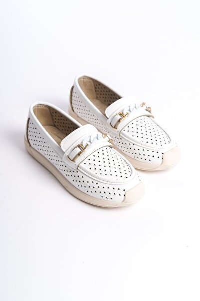 Joy Ayakkabı Lizy laceless orthopedic comfortable sole heart patterned women's flat shoes ckt - white
