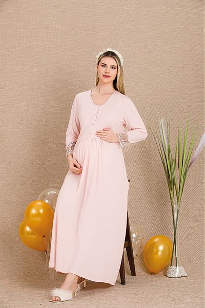 Lady Lingerie Long Sleeve, Button Collar, Lace Maternity-Nightgown