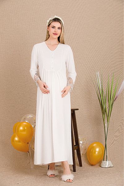 Lady Lingerie Long Sleeve, Button Collar, Lace Maternity-Nightgown