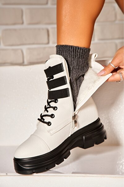 Joana Γυναικείες λευκές μπότες με επένδυση γούνας από οικολογικό δέρμα Nashay