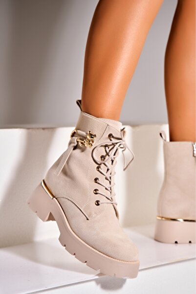 Joana Γυναικείες μπεζ μπότες με επένδυση γούνας από οικολογικό σουέτ Ahlaya