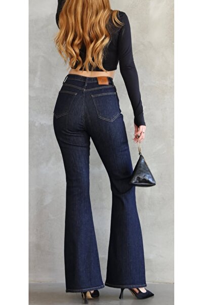 Weak Blue Kadın Yüksek Bel İspanyol Paça Lacivert Denim Likralı Jean Pantolon