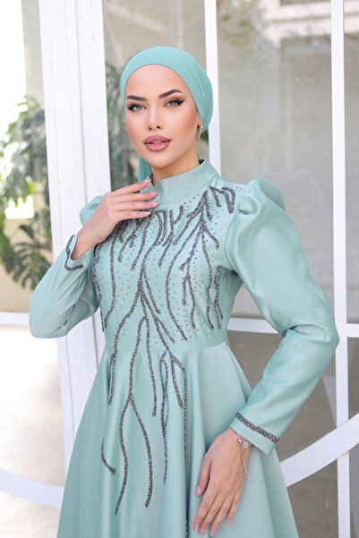 ModaMerve Taş İşlemeli Saten Abiye 6357YG95-MS Mint