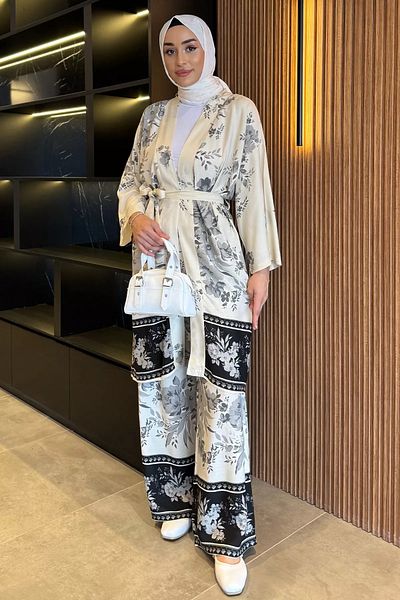 julude Gray Hijab Patterned Kimono Trousers Double Set