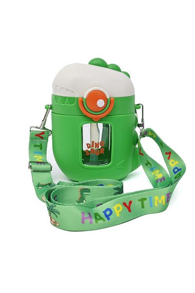 B4U Kindergarten children's water bottle, pop-up flip-top with straw, silicone coating, Dino green, 450 ml HAY8001