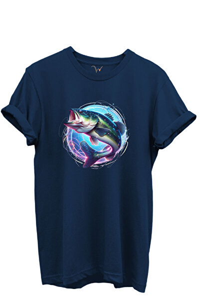 WİDİ Tricou unisex cu model de pește neon colorat, 100% bumbac, cu croiala no...