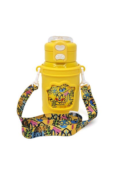 B4U Thermos mug for kindergarten, pop-up flip-top with straw, with string, yellow, 500 ml KL-8192