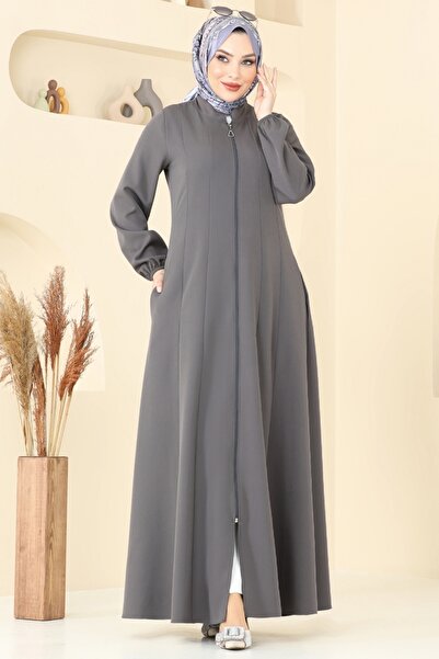 ModaMerve Önden Fermuarlı Pardesü Ferace 23003UKB139-MS Antrasit