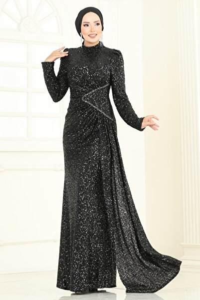 ModaMerve SUAL Pul Payet Taş Detaylı Abiye 5247D170-MS Siyah