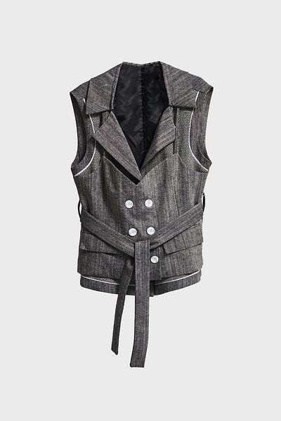 its basic Women's Gray Color Double Breasted Cut Inside Lined Belt Detailed Special Design Vest