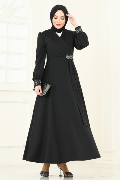 ModaMerve Taş Detay Abiye Elbise ASM2804-MS Siyah