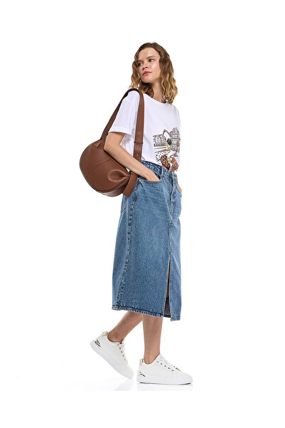 R&B Faded Midi Denim Skirt with Button Closure