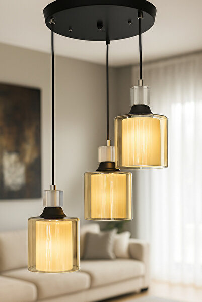 Store Füme 3 Lü Yuvarlak Siyah Küp Modern Sarkıt Mutfak Oturma Odası Salon Sarkıt Avize