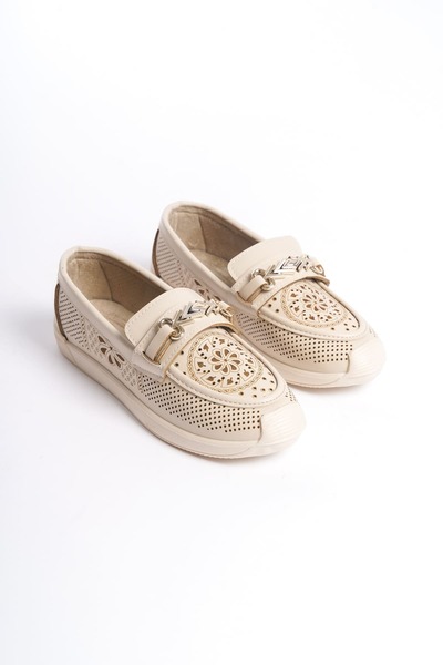 Joy Ayakkabı Lily Laceless Orthopedic Comfortable Sole Flower Patterned Women's Ballerina Shoes Ckt - Cream