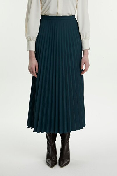 Zühre Pleated Patterned Emerald Skirt Etk-0155