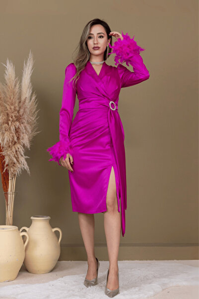 BEYBOS Saten Kumaş Otriş Detaylı Kalem Elbise - FUŞYA