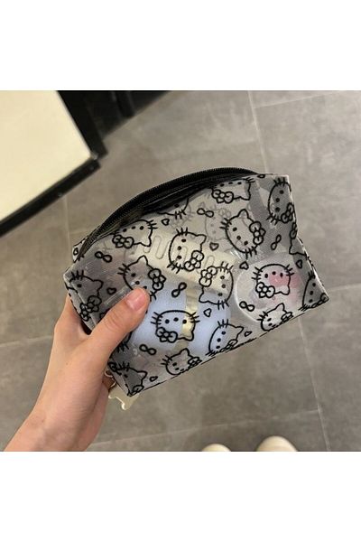 Miniso Hello KittyNoPendant Black Mesh Hello Kitty Makeup Bag - Cute Portable Cosmetic Pouch with Large Cap