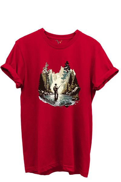 WİDİ Fishing Themed Camper Patterned 100% Cotton Regular Fit Unisex T-Shirt