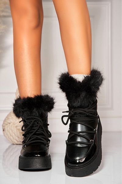 Joana Women's Black Fur-lined Boots Made of Patent Leather Rukia