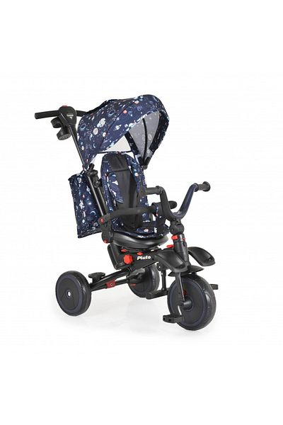byox Pluto Blue foldable children's tricycle, with rotating seat and adjustable backrest, rubber wheels