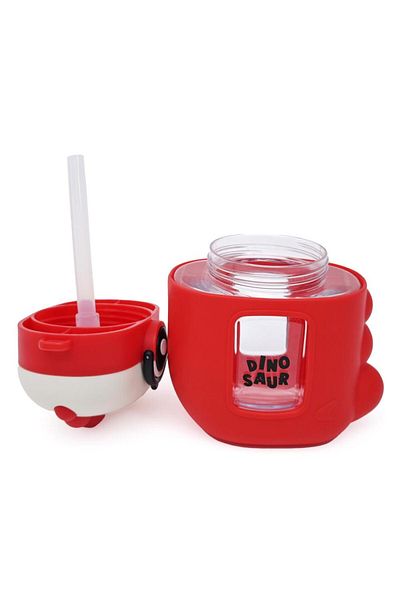 B4U Kindergarten children's water bottle, pop-up flip-top with straw, silicone coating, Dino red, 450 ml HAY8001