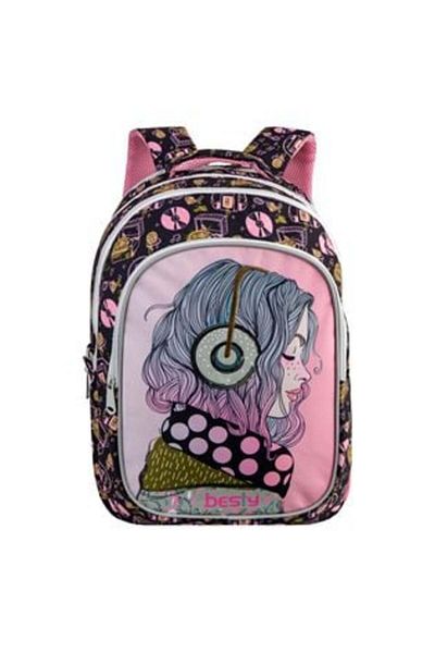 OEM Black School Backpack with Girl and Headphones Pattern