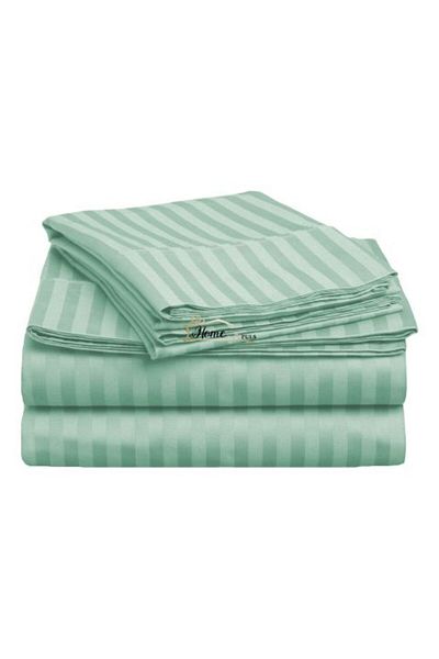 HomePuls Fitted Sheet Damask Cotton 100% Stripe 1 cm, 230 x 250 cm for Mattress 180 x 200 cm, Mint Green