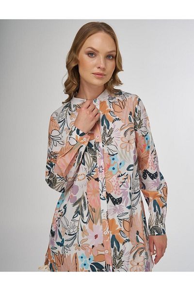 Kayra Floral Patterned Lace-Up Tunic Ky-B25-81065 - Cream
