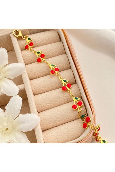 Kyver Cherry Bracelet Enamel Summer Bracelet Tarnish-Free Steel Gold 17+5cm
