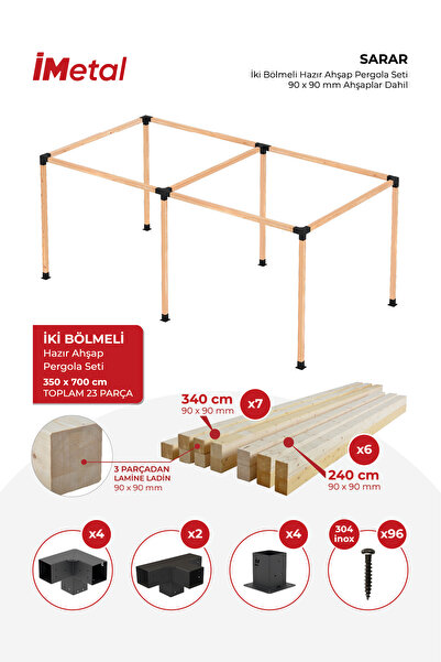 imetal 350x700 Ahşap Pergola Seti Iki Bölümlü 90 X 90 mm Ahşaplar Dahil