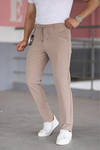Bürke Ανδρικό μπεζ χρώμα μέσης μισό ελαστικό με κορδόνια Άνετο ελαστικό παντελόνι Lycra