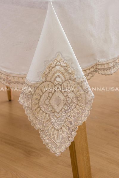 Annalisa Olivya Linen French Lace Tablecloth Cream Brown
