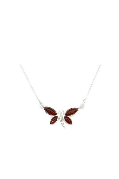 OEN Silver necklace with cognac brown amber, butterfly pattern, length 43 cm