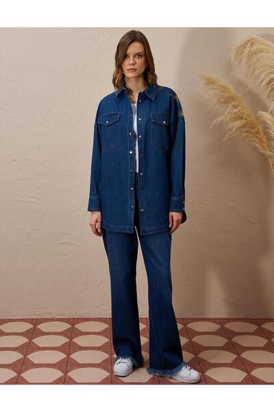 Kayra Üçgen Desenli Denim Ceket Lacivert