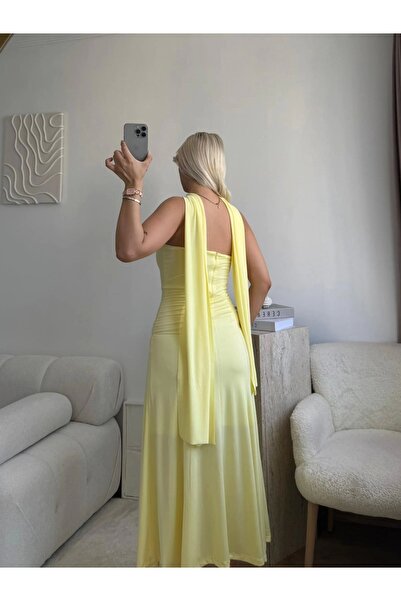 Zora Butik Yırtmaçlı Straplez Kuşaklı Elbise - SARI