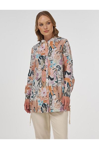 Kayra Floral Patterned Lace-Up Tunic Ky-B25-81065 - Cream