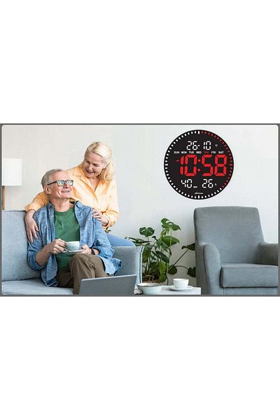 VTM Ceas Digital de Perete cu LED Rosu, Calendar, Termometru, Cronometru, Telecomanda, 28cm