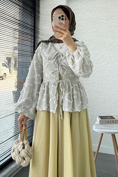 MELEK ARAZ Βαμβακερό κιμονό με ρίγες με φούντες – καφέ