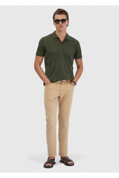 Ramsey Khaki Jacquard Polo Neck 100% Cotton T-Shirt
