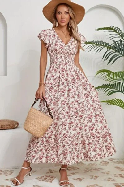 Mossta Double Breasted Collar Elastic Waist Floral Patterned Dress - Ecru